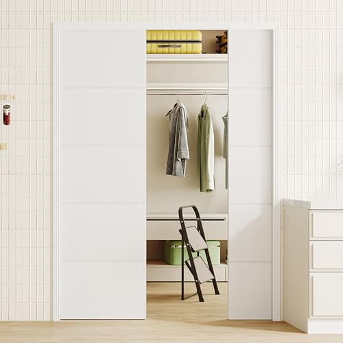 Image of 48 inch x 80 inch Pocket Door with Frame & Track Kit, 5-Panel Textured Sliding Interior Pocket Door, Soft Close Hardware, Lightweight Waterproof PVC Pocket Doors