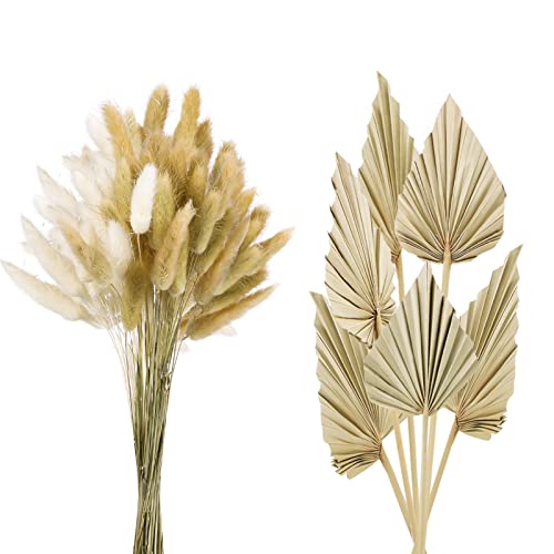 Chenkaiyang 66 Pcs Dried Palm Leaves Small And Bunny Tails Dried Flowers Set,6 Pcs Boho Dried Palm Spears Leaves Fans,60 Pcs Boho Rabbit Tail Grass For Wedding Cake Topper Party Decor(66 Pieces) #TOP22