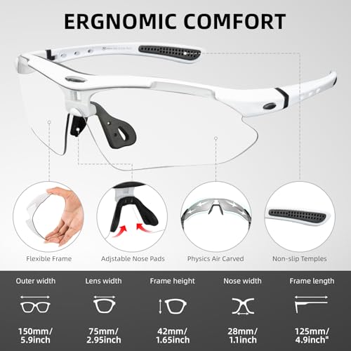 Image of ROCKBROS Photochromic Sports Sunglasses Mens Pickleball Glasses Cycling Glasses MTB Sunglasses, with Removable Elasctic Band，White
