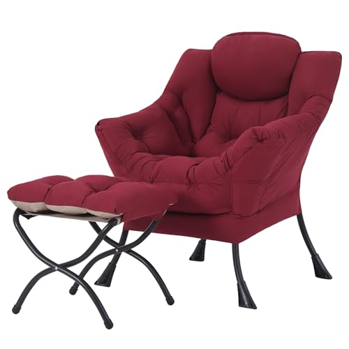 Image of Tiita Lazy Chair with Ottoman, Red Modern Large Accent Chair, Comfy Leisure Sofa Armchair with Ottoman, Reading Chair with Footrest for Bedroom, Living Room, Dorm Rooms, Wine red