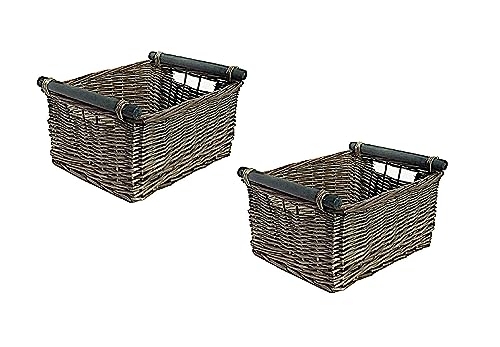 Topfurnishing Kitchen Log Fireplace Wicker Storage Basket With Handles Xmas Empty Hamper Basket[Oak,Set Of 2 Small 31 x 25 x 16 cm]