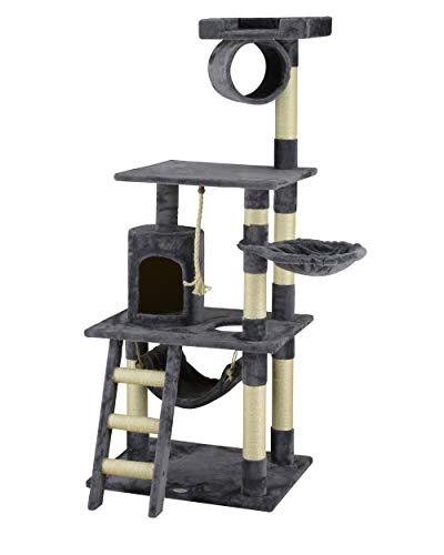 Go Pet Club 62" Classic Cat Tree Kitty Tower Kitten Condo Scratcher for Indoor Cats with Sisal Posts, Condo, Ladder, Soft Perch, Hammock, Basket Bed, and Tunnel Cat Activity Center Furniture, Gray - Image 3