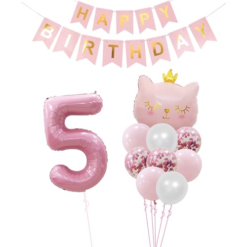 Geburtstagsdeko 5 Jahr Mädchen mit Happy Birthday Girlande, 5. Geburtstag Deko-Set, Rosa Katzen-Ballon, Happy Birthday Banner, Konfetti-Luftballons, Rosa & Weiß, 5.Geburtstag Mädchen