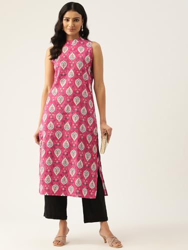 Image of feranoid Unique Printed Choker Neck Back Button Sleeveless Long Kurti