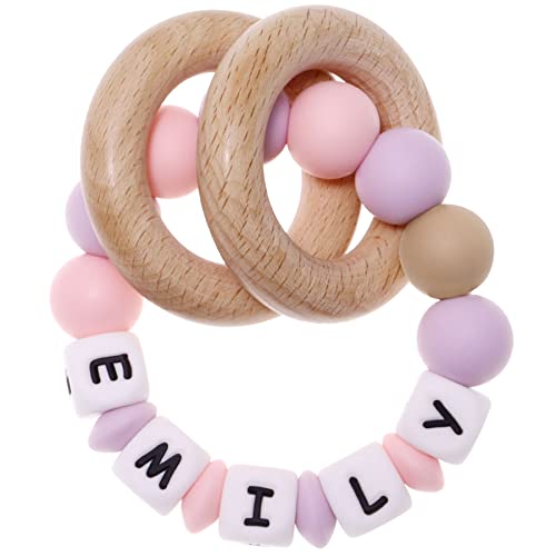 Munchewy Personalized Name Baby Rattle Teether Ring, Customizable Silicone Chew Bracelet with Natural Organic Beech Wood Teething Rings for Baby Boys and Girls Teether Toys-Light Pink/Light Purple