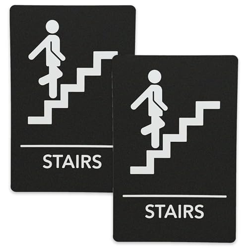 ADA-Compliant Wayfinding Signs. Durable, Non-Glare, Scratch-Resistant & Ready to Install. Featuring Grade 2 Braille with Raised Text. Premade Signs Ensure Easy Compliance for Businesses. Made in the USA, 2 Pack (Black/White, Stairs)