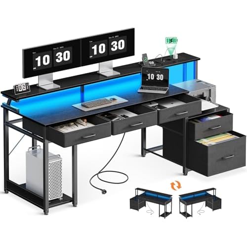 Coleshome Schreibtisch mit 5 Schubladen aus Stoff, Reversibler Gaming Tisch mit Steckdose, Computertisch mit Monitorständer und LED-Leuchten, Home Office Schreibtische, Schwarz, 160x48cm