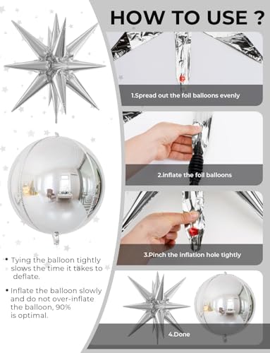 Image of 6Pcs 22Inch Silver Disco Ball Balloons - 4D Large Foil Balloons with Metallic Star for 70s Disco Dance Birthday Party