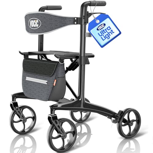 VOCIC Z75 Carbon Ultralight Rollator with Seat, Foldable, No Assembly, Indoor/Outdoor, 5.5 kg, Max 136 kg, Black