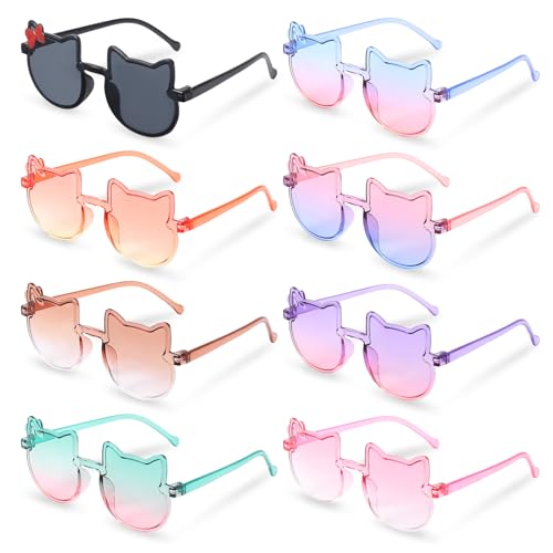 GGSTDDUP 8 Pairs Kids Kitty Sunglasses, Cute Cat Shaped Bow Frames Sunglasses, Girls Gradient Color Glasses for Age 3-8 Years Old