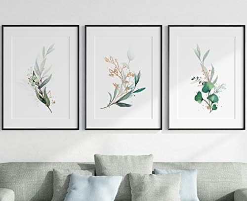 Eucalyptus Botanical Wall Art Set of 3 Unframed Prints, Abstract Tropical Plant Decor, Living Room Bedroom Poster Home Decor, Plant Leaves Green Gold (A4)