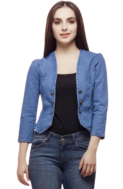 ootptaang Women's Denim Jacket, Blue, Button Front, Cropped Style, Stylish Jacket-picture-43