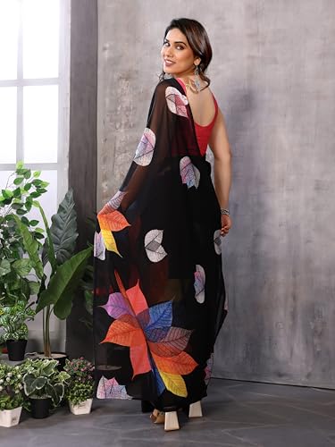 StyleScope Women's Printed Georgette Ready To Wear One Minute Saree With Unstitched Blouse Piece (RTW Paan)