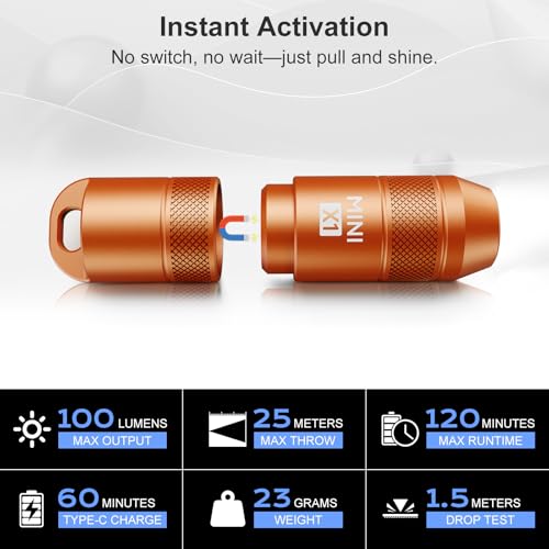 Image of Mini Keychain Flashlight - Instant On Pull to Light, 100 Lumens Tiny EDC Flash Light, USB-C Rechargeable Micro LED Torch, Waterproof IPX6, for Everyday Carry, Emergency & Outdoor Use (Orange)