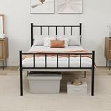 WJORATA Metal Platform Twin Bed Frame with Headboard Sturdy Steel Slats Support No Box Spring Needed Easy Assembly Black