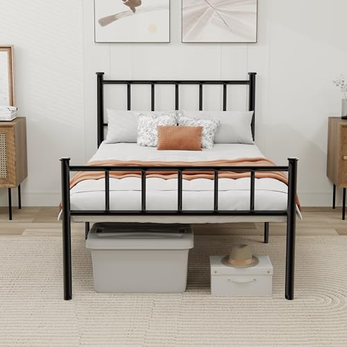 WJORATA Metal Platform Twin Bed Frame with Headboard Sturdy Steel Slats Support No Box Spring Needed Easy Assembly Black
