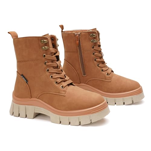 GLAMORA Botines mujer tipo militar de caña media con cordones y cremallera lateral, diseño urbano de invierno con suela track antideslizante y plataforma cómoda para uso diario, trabajo y paseos