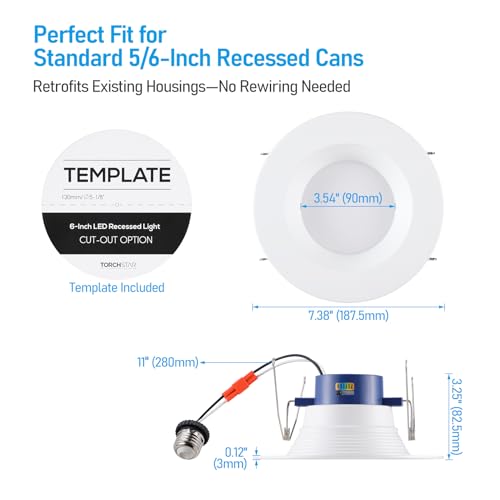 TORCHSTAR 8-Pack 6CCT 6 Inch LED Recessed Lighting Retrofit Downlight, 3000-1800K Dim to Warm, Aluminum Anti-Glare Deep Baffle Trim, 1200LM 15W, CRI90 Dimmable Remodel Can Lights, ETL&ES&FCC by TORCHSTAR - Used condition - Image 6