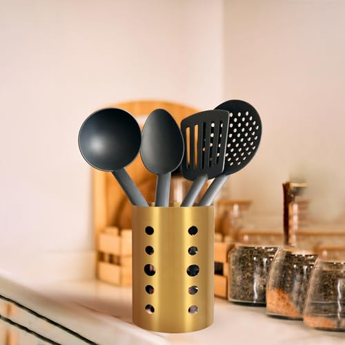 Gold Stainless Steel Utensil Holder 3.93x6.9 inch – Flatware Cylinder Draining Organizer & Drying Rack Caddy Basket for Kitchen Counter with Round Drain Holes, Stand for Fork, Knive, Spoon, Chopstick - Thumbnail 5
