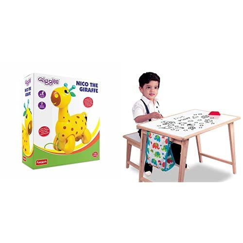 Image of Giggles Nico The Giraffe, Yellow & Giggles - 9924300 Activity Table & Stool, Foldable Wooden Study Set with Storage Bag and White Board