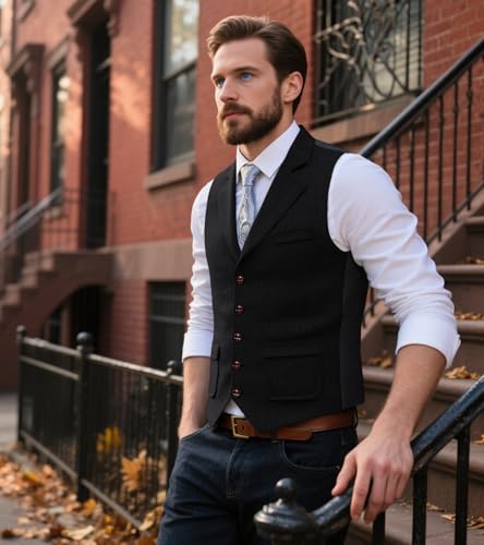 MllesReve Herringbone Tweed Mens Suit Vest V Neck Notched Lapel Wool Blend Casual Business Waistcoat2