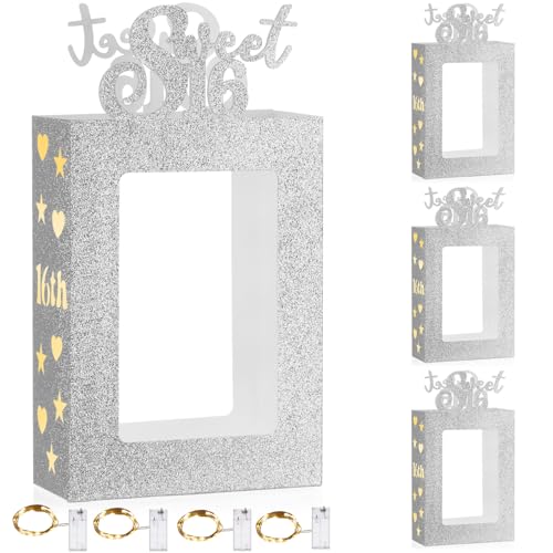 Yerliker 8 Pcs Happy Sweet 16th Birthday Photo Frame Table Centerpieces Decorations with 4 Light String for Girls' 16th Party Supplies(Silver)