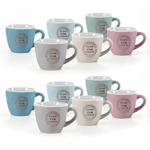 MA MAISON Set 6/12 Tazzine da Caffè - con Scritte Time For Coffe, Colori Pastello, 80 cc / 90 cc, Ideali per Espresso, Idea Regalo, Assortito (12, Pastello Time For Coffe)