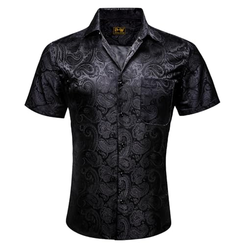 Barry.Wang Men's Silk Shirts Short Sleeve Western Designer Button Down Paisley Shirt Casual Beach Summer Party Mexico2