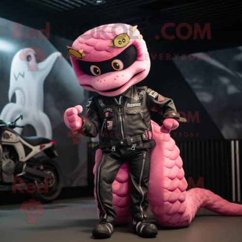 Disfraz de serpiente rosa vestido con una chaqueta de motociclista y pinzas para el pelo