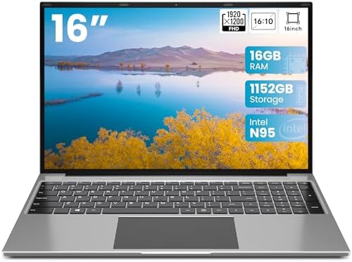 16 Inch Laptop Computer, N95 CPU,16GB RAM 1TB SSD + 128GB Emmc, FHD IPS 1920x1200 Display, 2 Speakers, 2.4/5G WiFi, BT4.0, Mini HDMI, Numeric Keypad, Business Laptops.