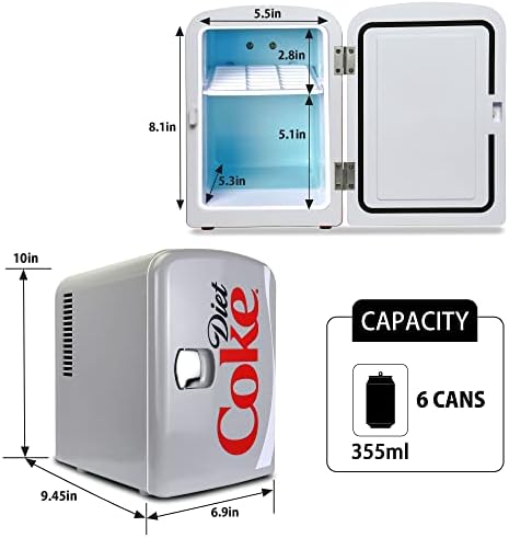 Coca Cola Diet Coke 4L Portable Cooler/Warmer, Compact Personal Travel Fridge for Snacks Lunch Drinks Cosmetics, Includes 12V and AC Cords, Desk Accessory for Bedroom Home Office Dorm Travel, Gray