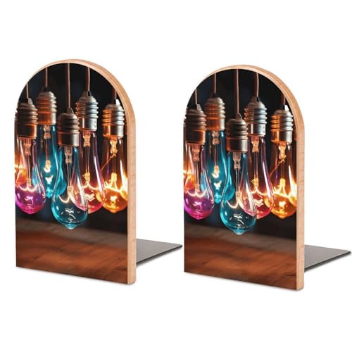 A String of Colored Light Bulbs Bookend Bookshelves Slick Bookends Stands Firmly on Bookshelf Non-Skid Book Holder Heavy Duty Metal Book Storage for Books Decorative Book Stopper