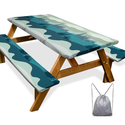 Picnic Table Cover with Bench Covers Camping Essentials Waterproof Windproof Camping Tablecloth with Drawstring Bag, Fitted Rectangle Tables and Seats, 60in, Green Blue