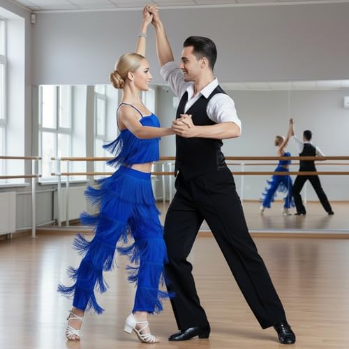 Ensemble Danse Franges Femmes Haut et Pantalon Long 2 Pièces Vêtements de Danse pour Latine Salsa Bachata(Bleu S) – vue 6