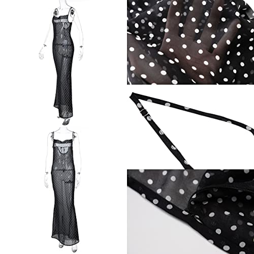 Image of Suillty Women Mesh Sheer Spaghetti Strap Long Maxi Dress Sexy Sleeveless Backless Beach Swimsuit Cover Ups Party Club Dresses Black