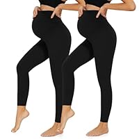 HIPOWER 2er Pack Umstandsleggings Damen High Waist Umstandsmode Weich Schwangerschaftsleggings Blickdicht Sport Umstandshose Elastisch Maternity(Schwarz*2,XL)