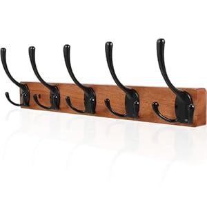 IBosins Wall Mounted Coat Rack, 16.9” Long, Entryway Hanging Hooks Rack, Metal Wood Coat Rack with 5 Black Rustic Tri-Hooks, Wooden Decorative Hooks Rail for Coat, Scarf, Bag, Towel, Hat