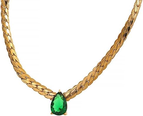 Fashion 18K Gold Plated Bling Cubic Zirconia Stainless Steel Necklace Bracelet Jewelry Set Chain Texture Collar Waterproof (Necklace - Gold Green)
