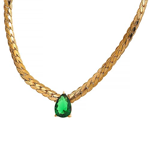 Fashion 18K Gold Plated Bling Cubic Zirconia Stainless Steel Necklace Bracelet Jewelry Set Chain Texture Collar Waterproof (Necklace - Gold Green) #TOP2
