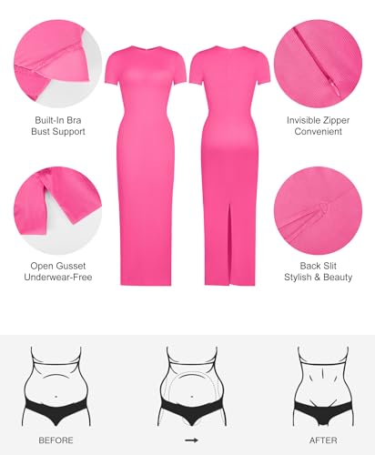 Image of Popilush Shaperwear Dress Built-in Bra Women's Casual Lounge Dress with Zipper Short Sleeve Mock Neck Bodycon Dresses