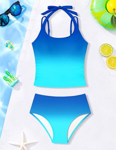 Image of Girls Swimsuit 2 Piece Halterneck Girls Tankini Swimsuit Drawstring Printed Swim Shorts Girl Bathing Suit for 7-18T
