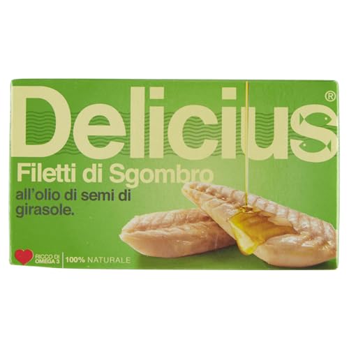Delicius Scatola Filetti di Sgombro o/girasole 90 g, Lavorati a Mano, Pesce Azzurro, Ricco di Omega 3