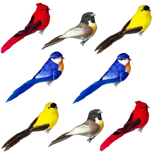 LWINGFLYER Clip on Artificial Birds Decor Foam Feather Birds Handmade Ornaments for Christmas Tree Decoration Wreaths Crafts Season Display Home Decor (8PCS)