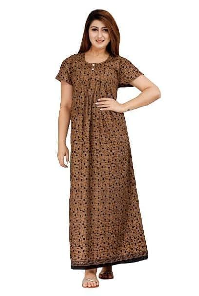 Image of NILOUFO Women's Cotton Printed Maxi Nighty - Pack of 2 | Soft Ankle-Length Sleepwear Gowns for Women | Free Size Night Dresses (Brown,Purple, Free Size)
