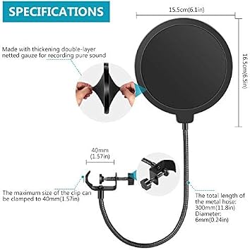 Neewer Professional Microphone Pop Filter Shield Compatible with Blue Yeti and Any Other Microphone, Dual Layered Wind Pop Screen With A Flexible 360 Degree Gooseneck Clip Stabilizing Arm