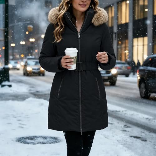 Womens Long Puffer Jacket Adjustable Waist Puffer Coat with Detachable Hood - image 7
