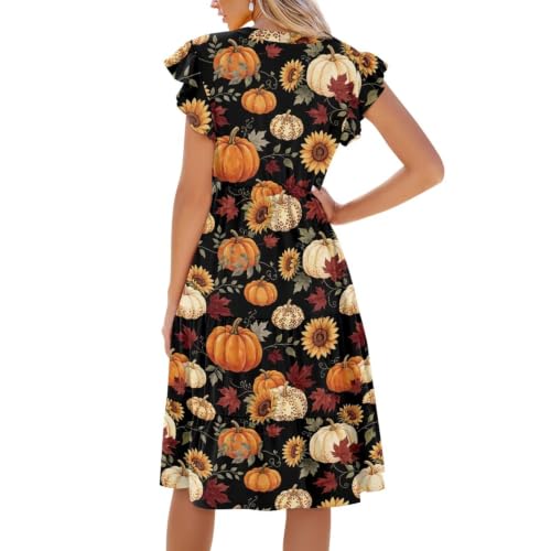 Image of Women's Casual Ruffle Sleeve Dress V Neck Pullover Dress Flowy A-Line Pleated Lightweight Dress with Pockets