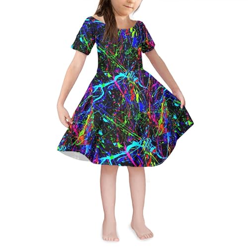 Girls Tie-Dye Dress Neon Rainbow Paint Dresses Galaxy Sundress Short Sleeve Casual Play 4-14Y3