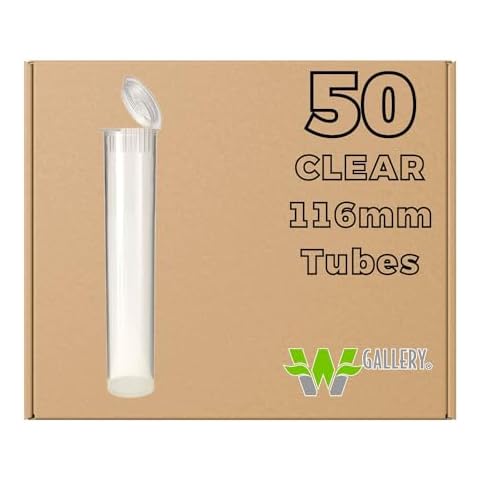 W Gallery 50 Clear 116mm Open Cap Pop Top Tubes - Airtight Smell Proof Containers - Plastic Medical Grade Prescription Bottles for Pills Herbs Flowers Supplements, Bulk Pack, Not Glass Jars Cover