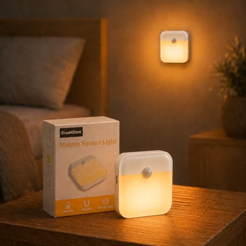Image of One94Store Rechargeable Motion Sensor Light, Warm White LED Night Lamp with Auto On /Off Sensor 600 mAh, USB Charging Light for Bedroom, Wardrobe, Stairs & Cabinet